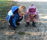 Kids watching a banana slug